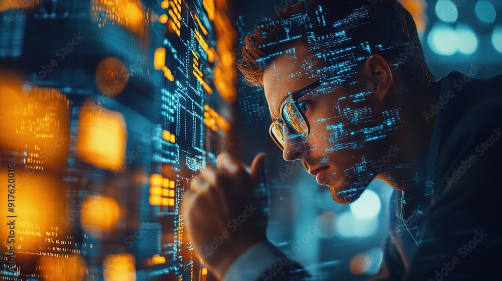Poster the digital architect: a young programmer, immersed in the world of code, his face partially obscure