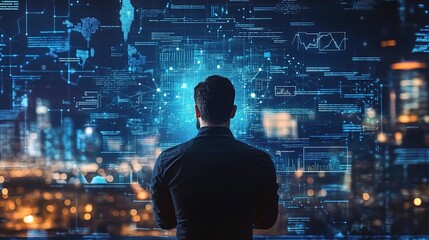 Mastering the Data Universe: A lone figure contemplates a vast, luminous network of data visualizations against a panoramic cityscape, embodying the pursuit of knowledge in the digital age. 