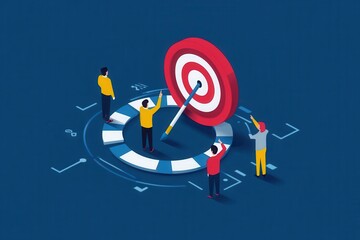 Strategic Planning for SEO and Keyword Strategies in Minimalist Flat Illustration Style - Business Professionals Discussing Online Marketing Techniques