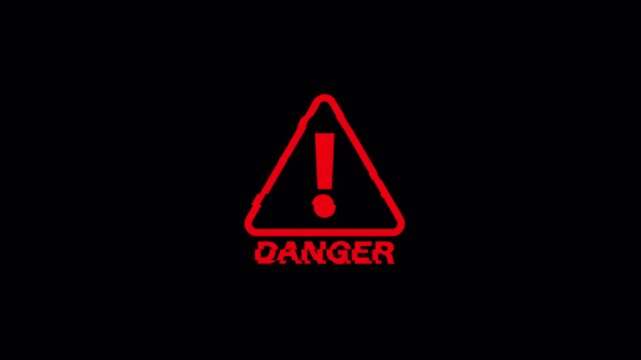 red danger icon exclamation mark animation, glitch danger sign animation on black background, danger warning message on black background.