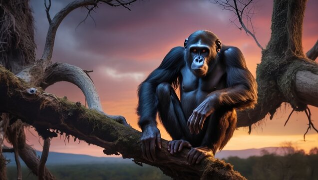 hauntingly beautiful a fragile ape on a gnarled twisted branch deep well of wisdom and sadness painting illustration