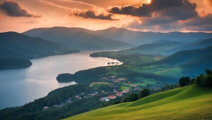 Fototapeta premium panorama of the mountains and lake