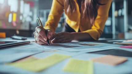 Architect of Innovation: Woman meticulously sketching plans on a cluttered desk, surrounded by notes and fueled by creativity. 