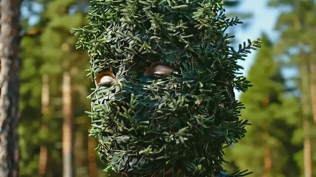 A person's face is hidden by green leaves, creating a mysterious and natural camouflage effect.