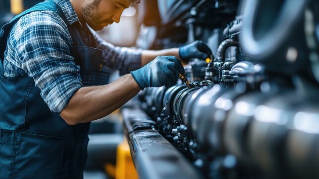Mechanic Precision: A skilled automotive technician meticulously examines and repairs an intricate engine, showcasing expertise and dedication. 