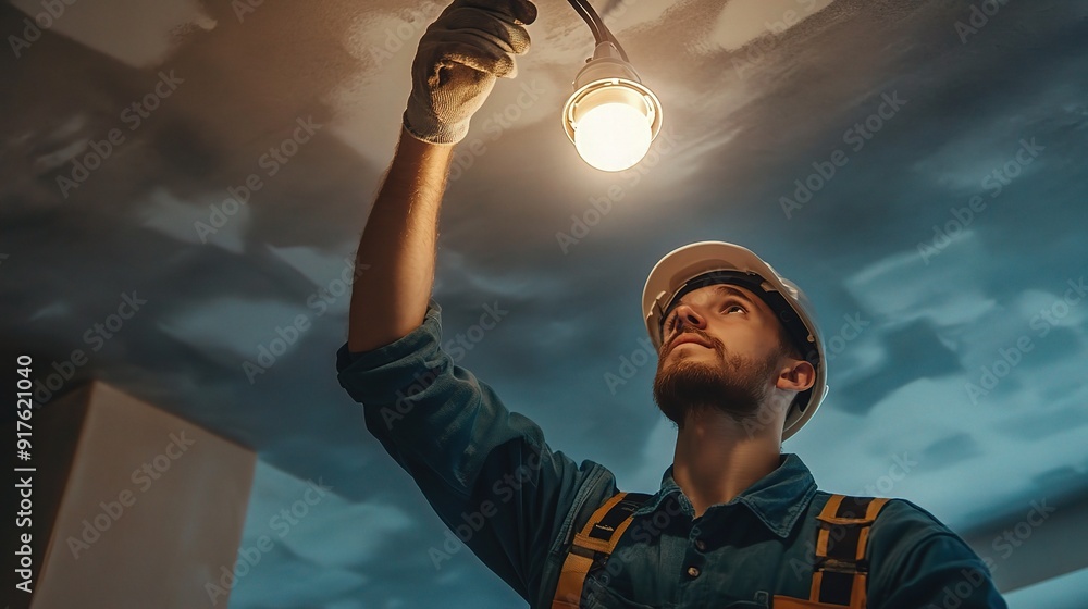 Poster illuminating the way: electrician installs energy-efficient bulb in newly constructed home