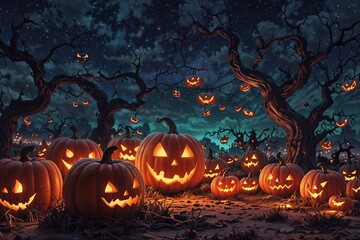 Fototapeta premium A dark, eerie forest with glowing jack-o'-lanterns, capturing the spooky essence of Halloween night.
