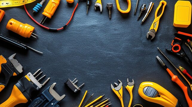 Tools of the Trade: A curated collection of essential tools for electricians, mechanics, and DIY enthusiasts, arranged in a circular frame around a black slate background.