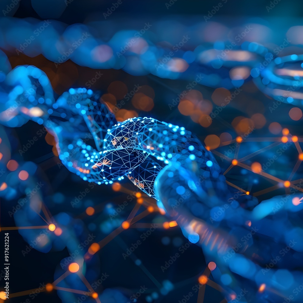 Poster close-up of a blue digital network with glowing nodes and connections, representing data transmissio
