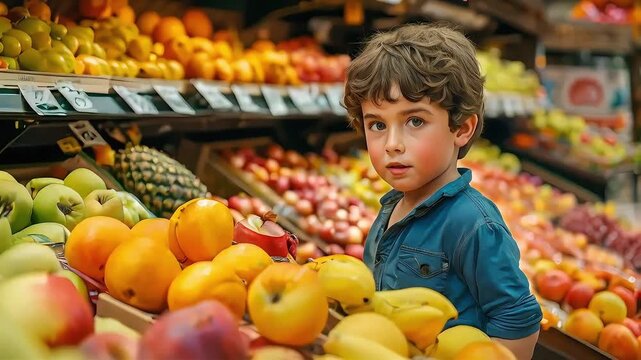A young boy looks at fresh fruit in a market.