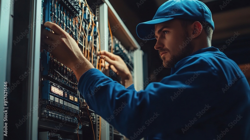Poster connecting the future: a focused network engineer meticulously connects cables in a server room, ens
