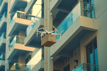 Fototapeta premium Drone Delivering Package to Apartment Building