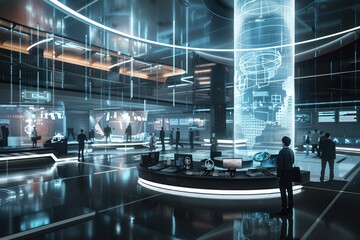 Futuristic Interior with a Holographic Projection and Silhouettes of People