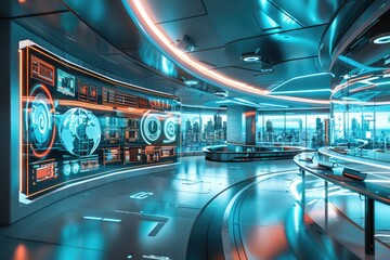 Futuristic Control Room with Cityscape View and Digital Interfaces