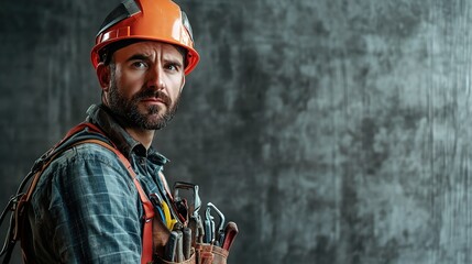 Construction Worker Portrait: A determined construction worker in a hard hat and tool belt,  standing with a focused expression, ready to tackle any task.  