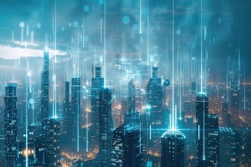 Futuristic Cityscape with Neon Lights and Digital Network Overlays