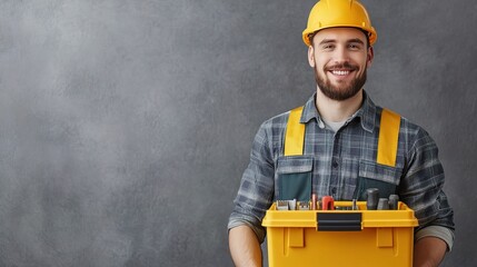 Confident Craftsman: A smiling, bearded handyman exudes confidence in his work as he stands with a yellow toolbox in hand, ready to tackle any task. 