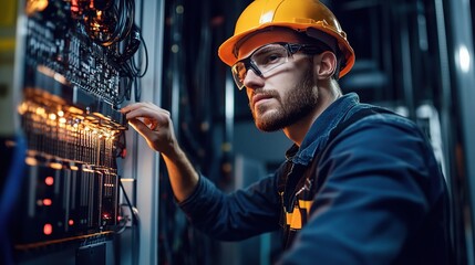 Focused Technician: A dedicated IT professional in a hard hat and safety glasses diligently works on a server rack