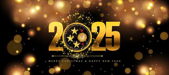 A festive image featuring 2025 Happy New Year in gold text alongside a clock, set against a colorful buka background