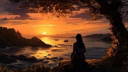 Solitary Figure Gazing at Sunset Over a Calm Sea