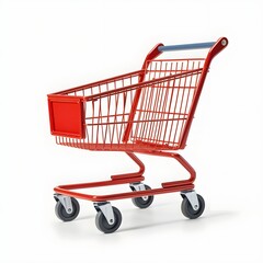 An isolated bright red shopping cart on a clean white backdrop,

