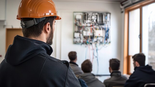 Electrical Expertise: An experienced electrician in a safety helmet conducts a training session, sharing his knowledge with attentive apprentices in a workshop setting. 