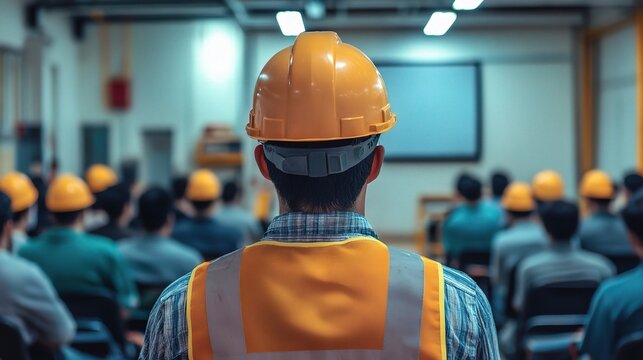 Construction Crew Safety Briefing: A focused engineer in a hard hat leads a safety briefing for construction workers