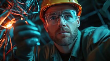 Electrician in Action: A close-up shot of a focused electrician, wearing safety glasses and gloves, carefully working on electrical wiring in a dimly lit environment. 