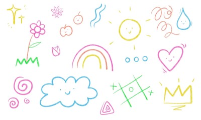 Sets of colorful, joyful child doodle. Chalk texture. Random, cute doodles drawing. Bright and vibrant background.