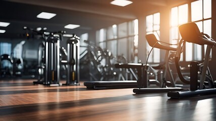 Obraz premium banner for athletic fitness equipment and a blurry background of a gym
