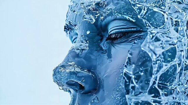 Close up of a human face frozen in ice, with blue tones and a white background.