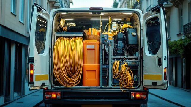 White Van Packed for Work: A white van is parked in the city with its back doors open, revealing a meticulously organized cargo space stocked with a variety of professional tools and equipment, ready 