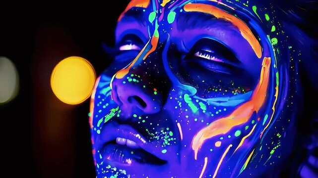 Close up of a woman's eye with neon paint on her face.