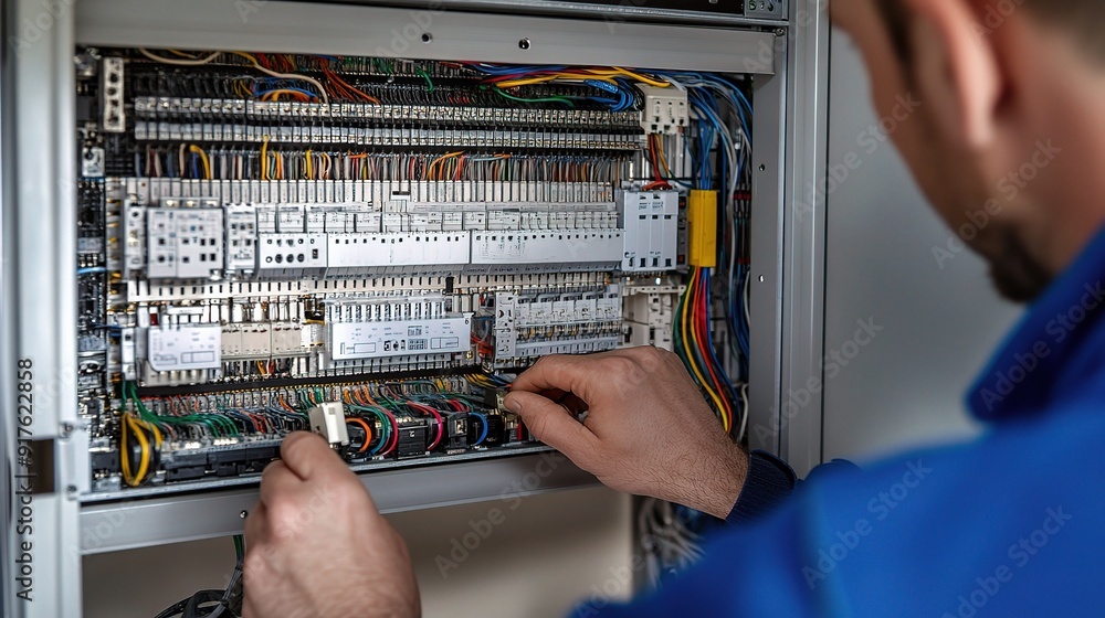 Poster mastering the current: an electrician meticulously inspects an intricate electrical panel, ensuring 
