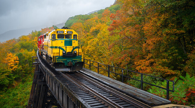 Scenic train at Trestle bridge in North Conway in Autumn, New Hampshire, USA