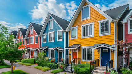 Colourful exterior facade of an office building A perfect neighborhood. Houses in suburb at Summer. Luxury houses with nice landscape
