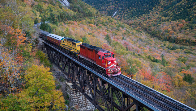 Scenic train at Trestle bridge in North Conway in Autumn, New Hampshire, USA