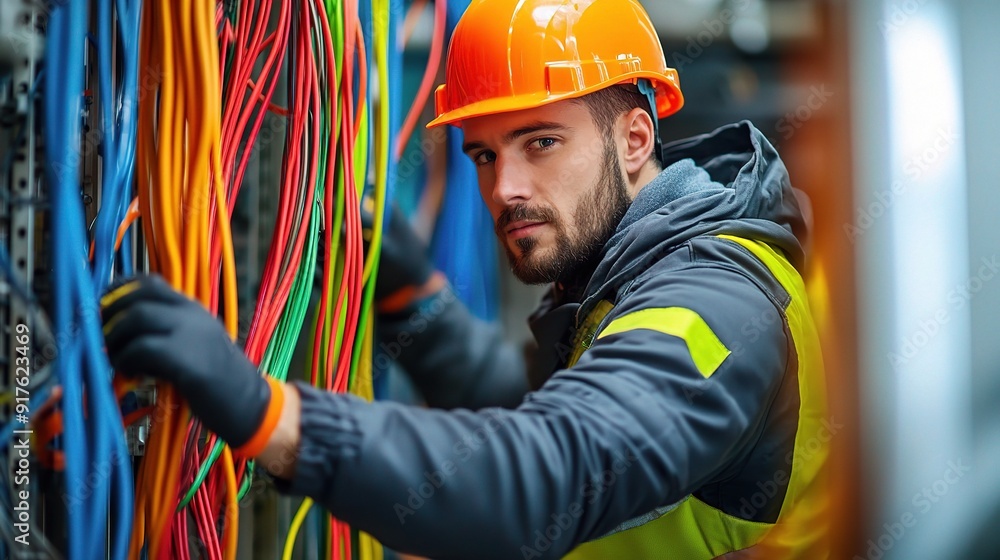 Poster connecting the network: skilled technician navigating a labyrinth of colorful cables