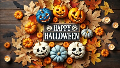 Festive Halloween Arrangement with Decorated Pumpkins, Candles, and Autumn Leaves on Wooden Table for Holiday Celebration