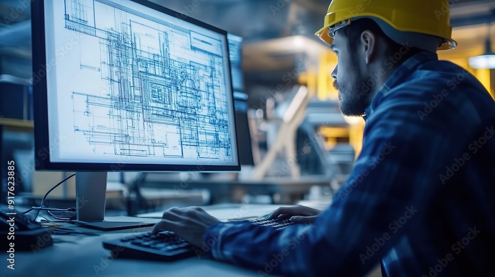 Poster focused engineering: a dedicated engineer in a hard hat intently studies blueprints on a computer mo