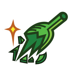 Broken green glass bottle colorful icon illustration isolated on square white background. Simple flat outlined cartoon art styled drawing.