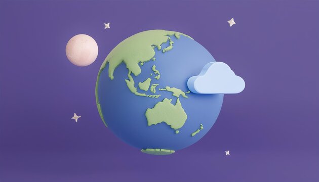 3D blue and green globe with a white cloud orbiting it against a purple background, 3D rendering