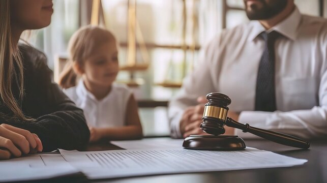 Seeking Resolution: A family confers with their lawyer, a gavel in the foreground symbolizing the gravity of their legal situation. 