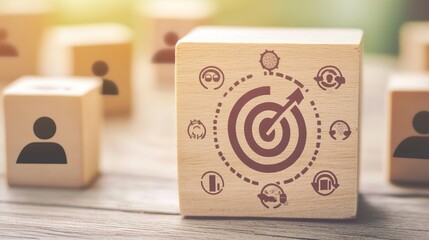 Target Icon on Wooden Block with Connecting Lines to Human Icons, Overlaid with Digital Data Flow Symbols like Binary Code and Data Exchange Arrows