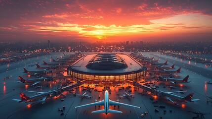 A futuristic airport with autonomous planes and drones, all controlled by a central AI system 