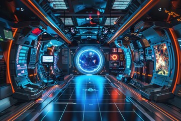 Futuristic Spaceship Interior with Control Panel and Illuminated Floor