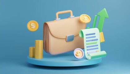 Obraz premium 3D briefcase stacks of coins a document and an upward arrow symbolize financial growth, 3D rendering