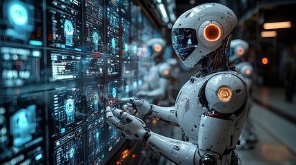 Fototapeta premium Intelligent robots interacting with humans through voice-activated holographic interfaces in a control center 