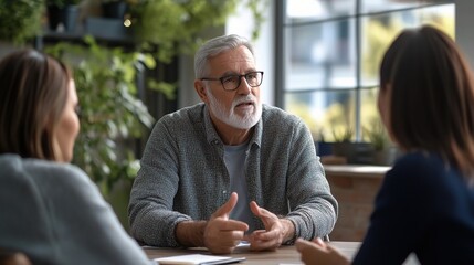 Senior Man Leading a Business Meeting: A mature businessman, radiating experience and wisdom, engages in a serious discussion with two female colleagues in a modern, plant-filled office. 