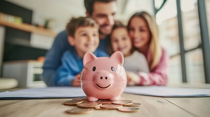 Family Savings: A pink piggy bank takes center stage, overflowing with coins, symbolizing a family's financial goals and the importance of saving.